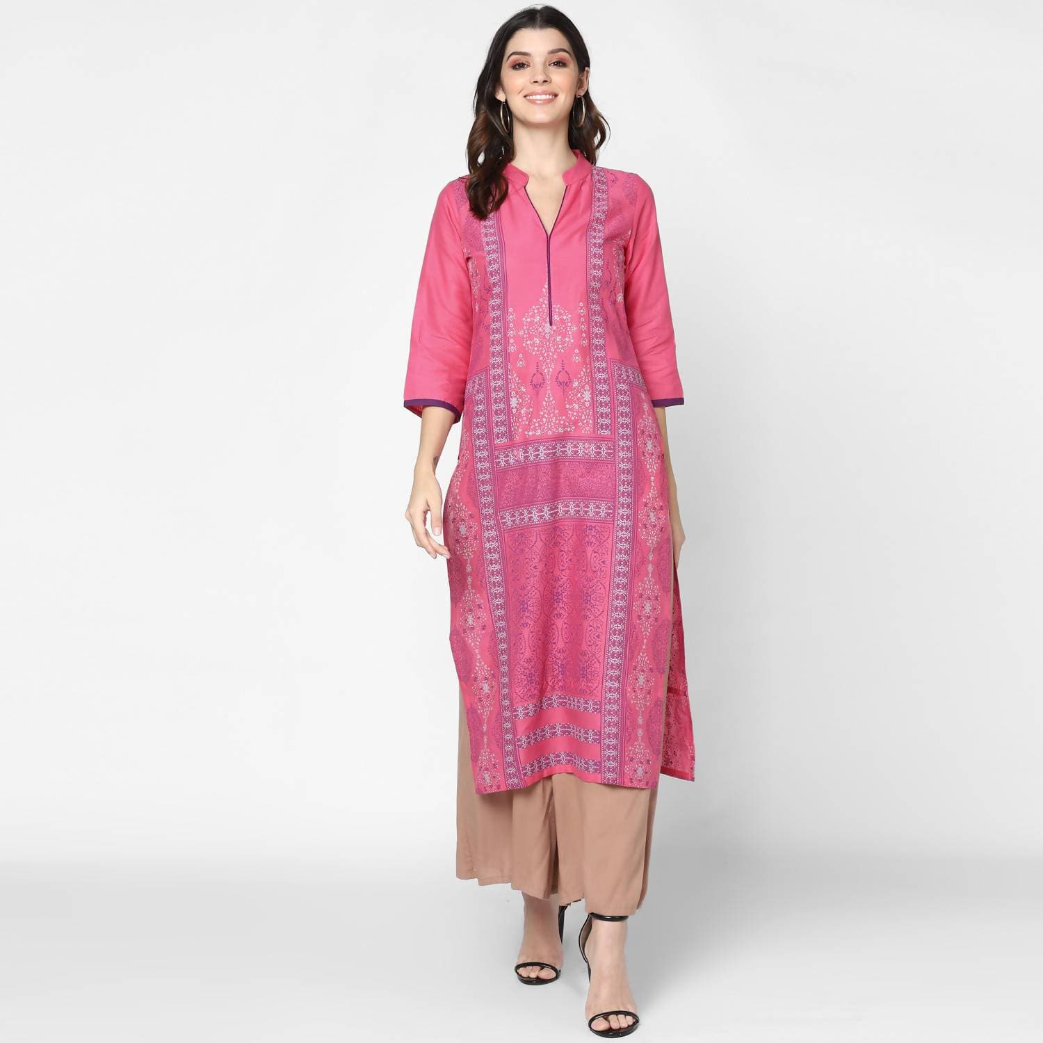 Cheera Hand Block Print Baby Pink & Skin Color Straight Kurta With Palazzo (MAAI-074K)