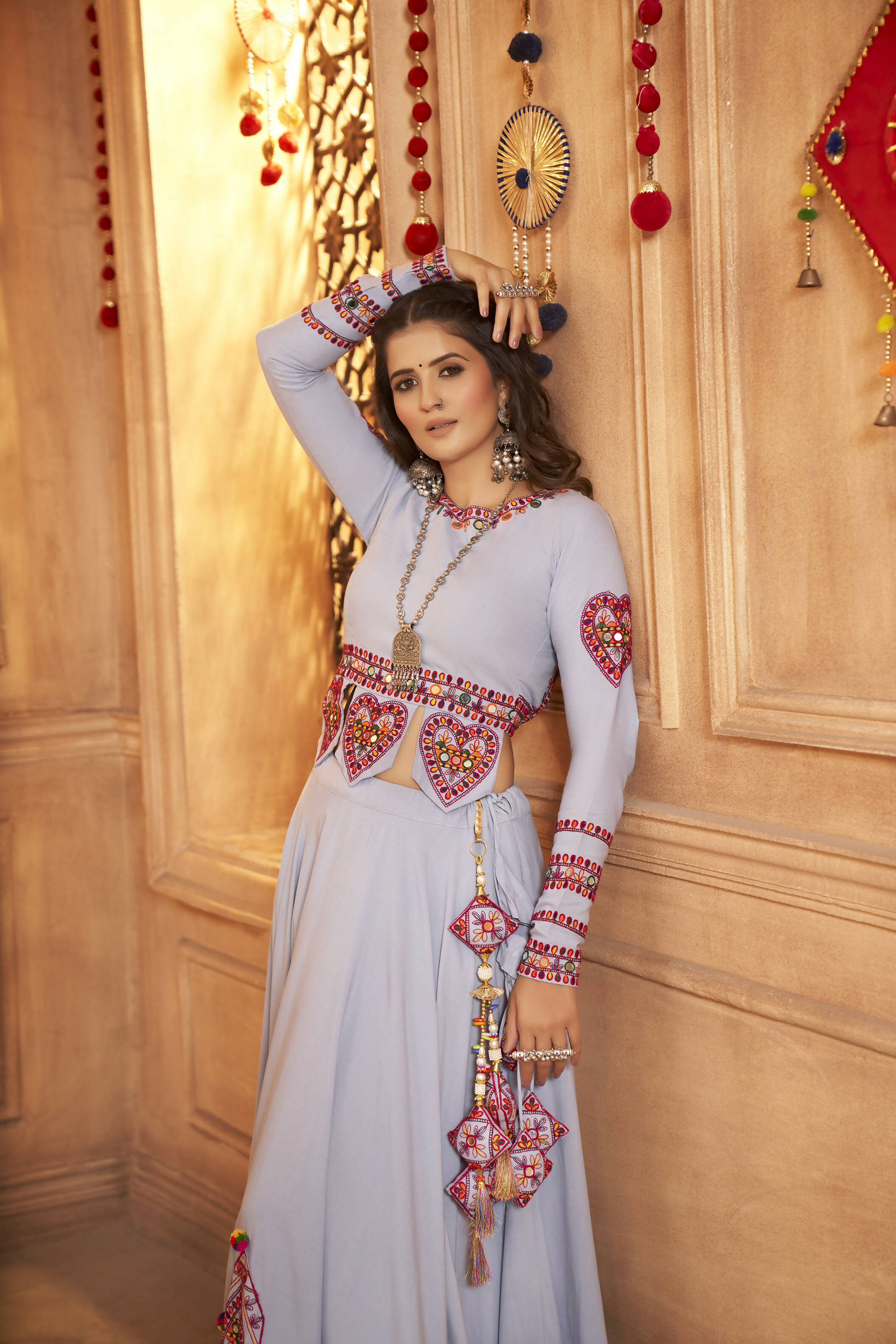 Sky Viscose Rayon Thread Embroidered Work And Print With Mirror All Over Navratri Lehenga Choli With Dupatta - Raas - Distacart