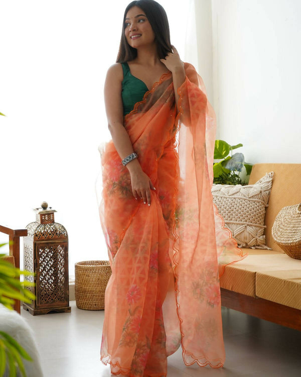 Vamsee Orange Organza Saree - Distacart