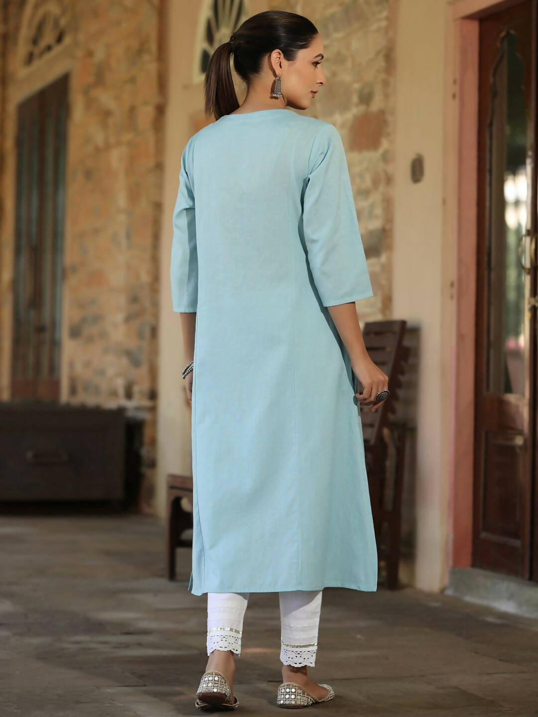 Juniper Women's Blue Cotton Flex Embroidered Straight Kurta - Distacart