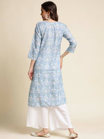 Thumbnail for Blue Linen Floral Printed Straight Fit Kurta - Prasuti - Distacart