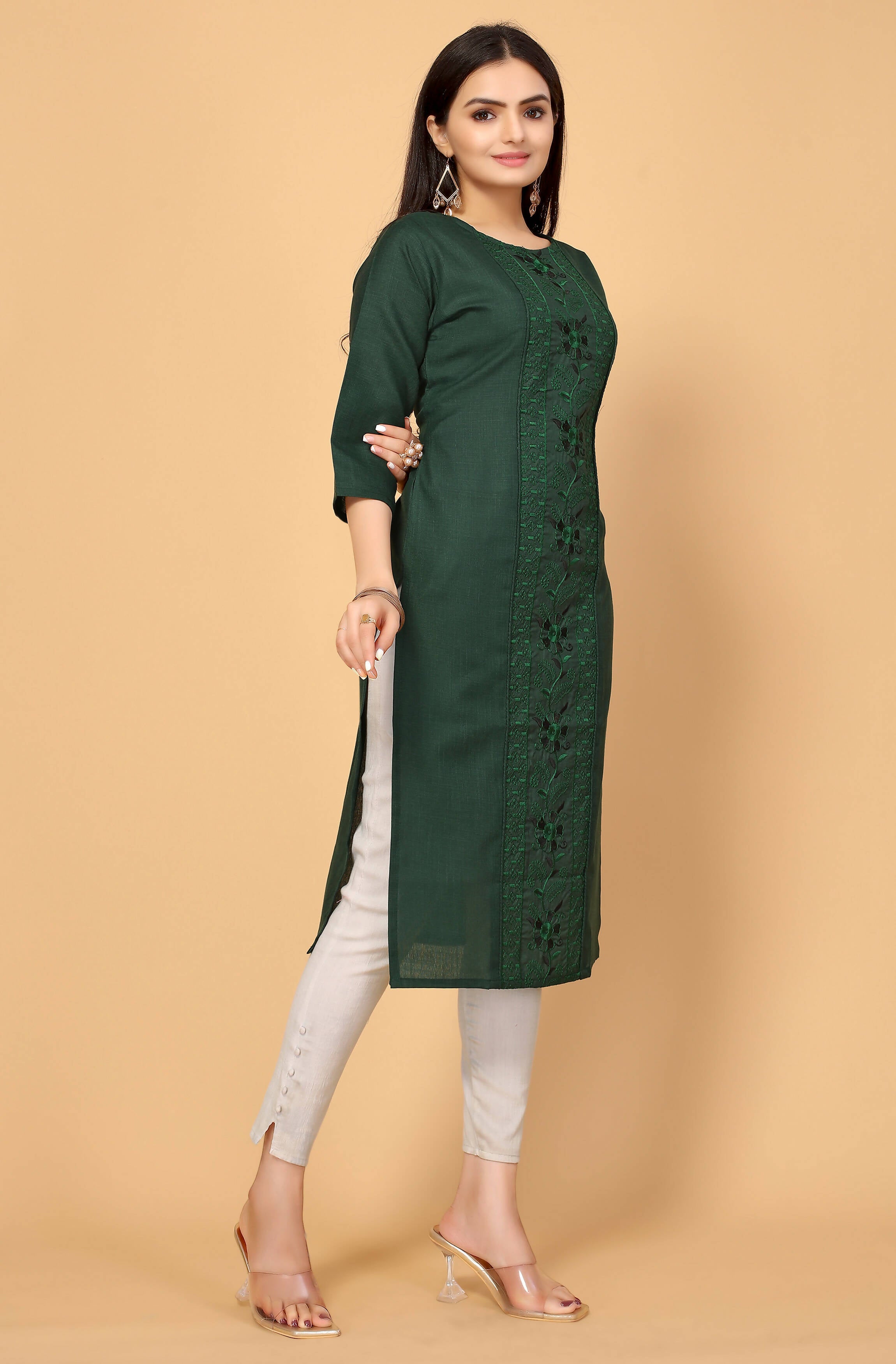 Dark Green Cottan Slub Embroidery Kurti - Umi - Distacart