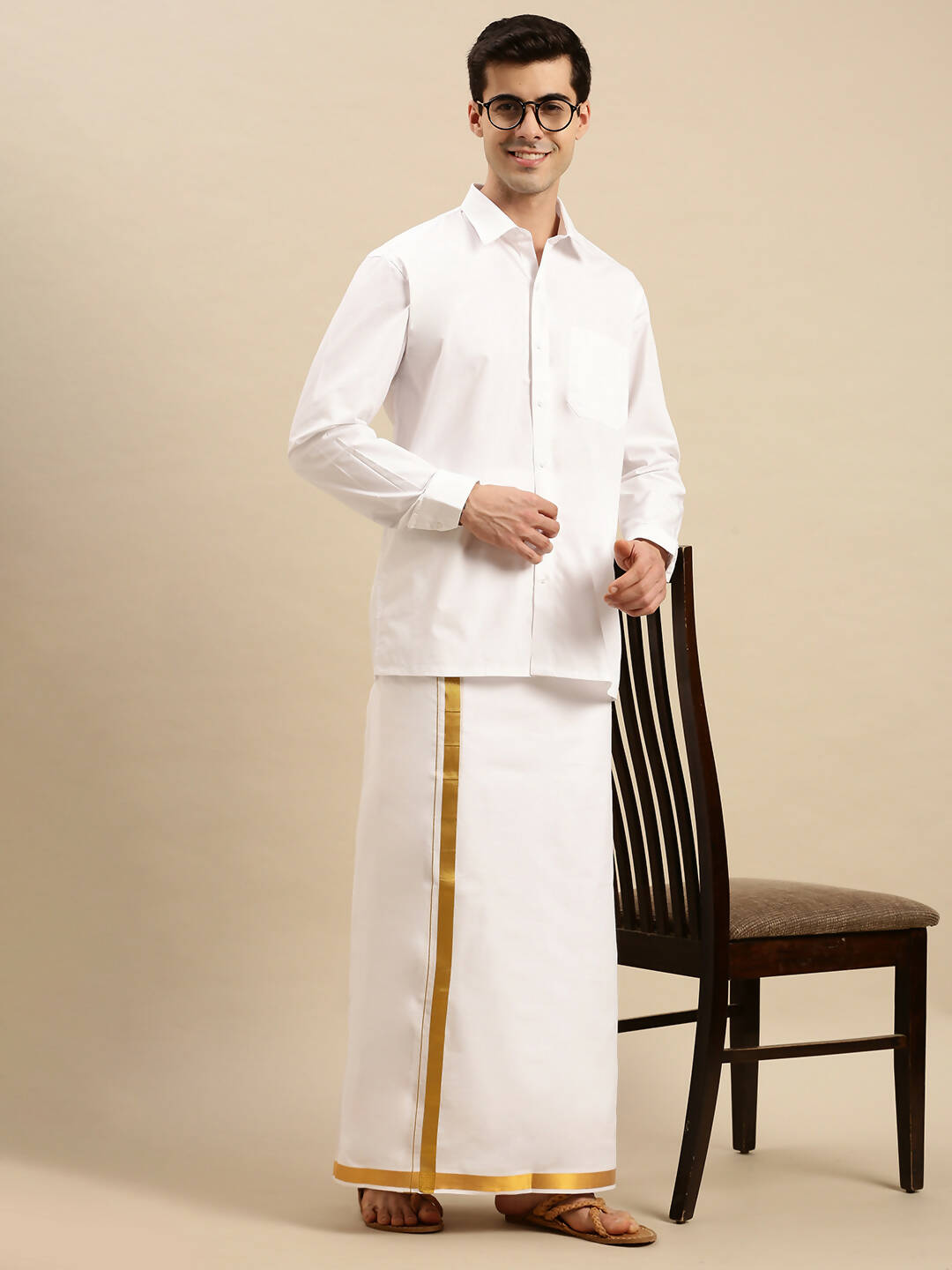 Ramraj Cotton Mens Pure Cotton 1 Inch Gold Jari Dhoti - White - Distacart