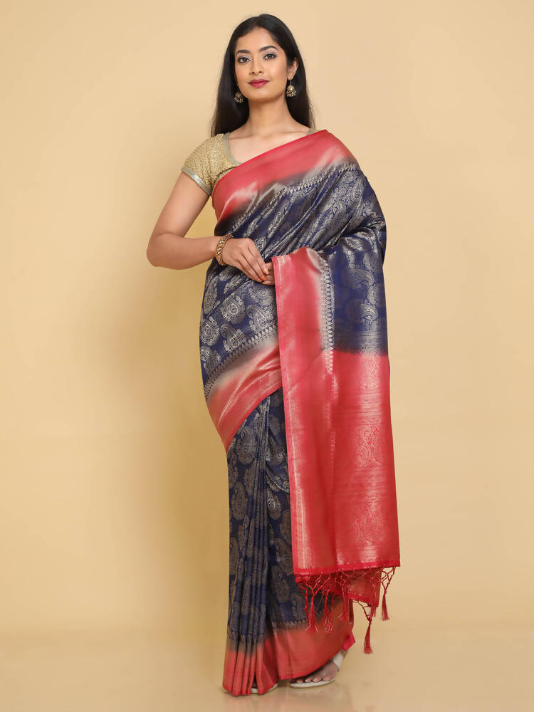 Kalamandir Ethnic Motifs Dark Blue Silk Blend Saree