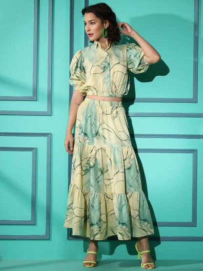 Green Rayon Tie dye Printed Top with Matching Skirt - Shivani - Distacart