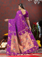 Thumbnail for Lorenvalley Fashion Wine Soft Paithani Silk Woven Design Copper Zari Meenakari Weaving Saree - Distacart