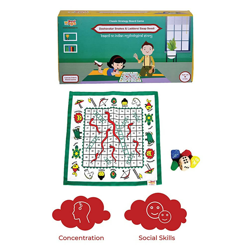 Desi Toys Dashavatar Snakes & Ladders/Saap Seedi, Classic Strategy Board Game with Canvas Fabric Board, Based on Indian Mythological Story - Distacart