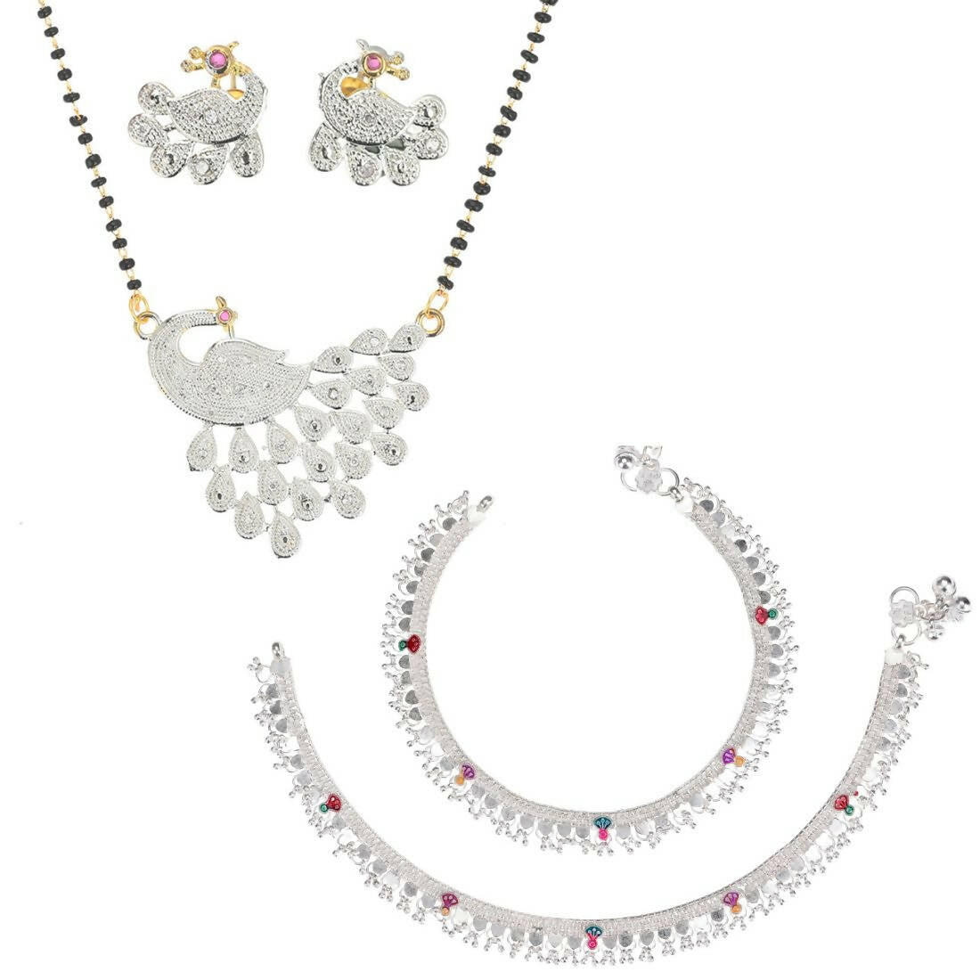 AanyaCentric Gold-plated Mangalsutra Pendant Earring Set & Silver Plated Anklet - Distacart