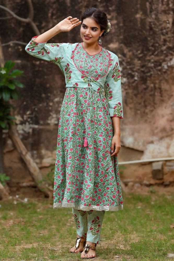 Yufta Women Grey Handblock A-Line Kurta with Trouser