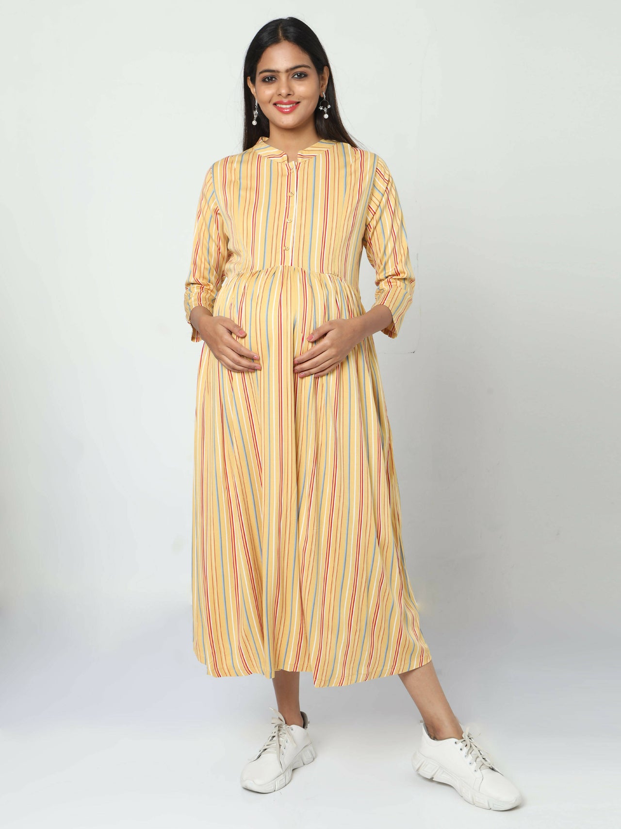 Manet Three Fourth Maternity Dress Striped With Concealed Zipper Nursing Access - Yellow - Distacart