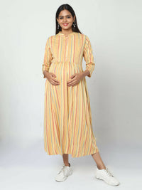 Thumbnail for Manet Three Fourth Maternity Dress Striped With Concealed Zipper Nursing Access - Yellow - Distacart