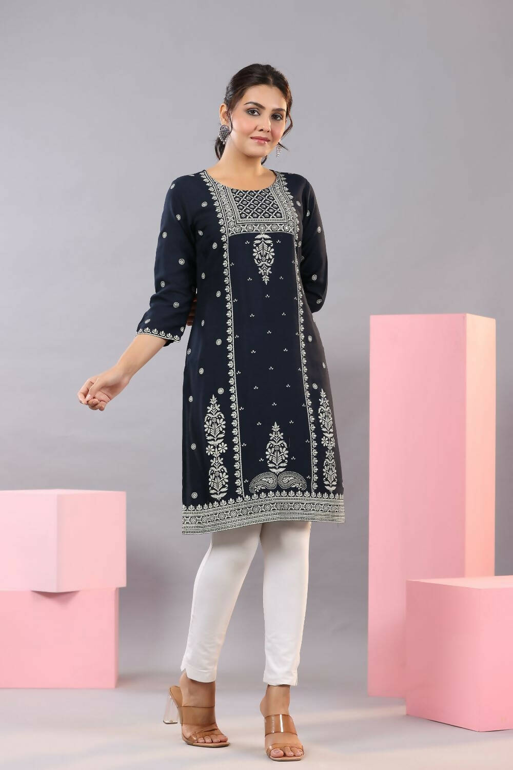 Juniper Women Navy Blue Rayon Printed Knee Length Straight Kurta - Distacart