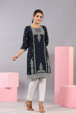 Thumbnail for Juniper Women Navy Blue Rayon Printed Knee Length Straight Kurta - Distacart