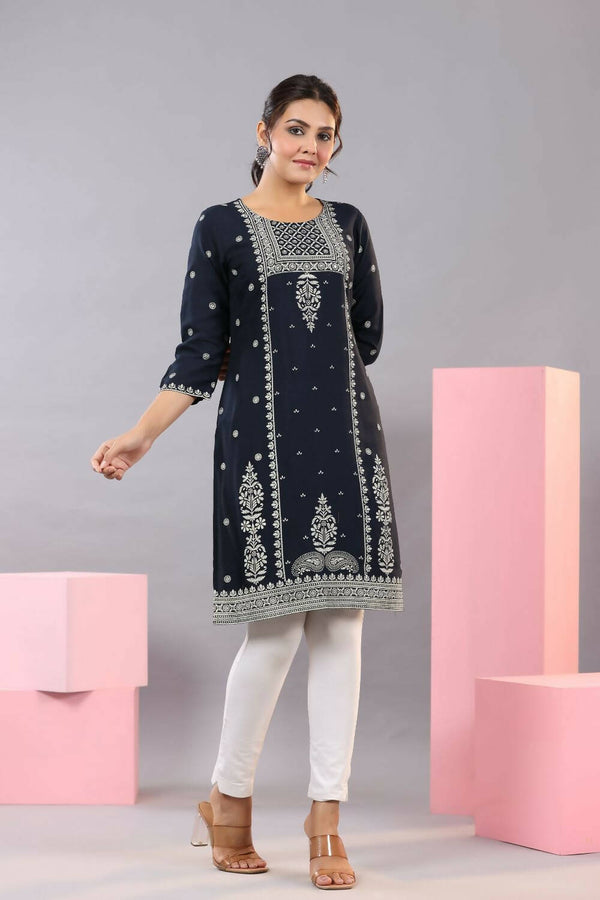 Juniper Women Navy Blue Rayon Printed Knee Length Straight Kurta - Distacart