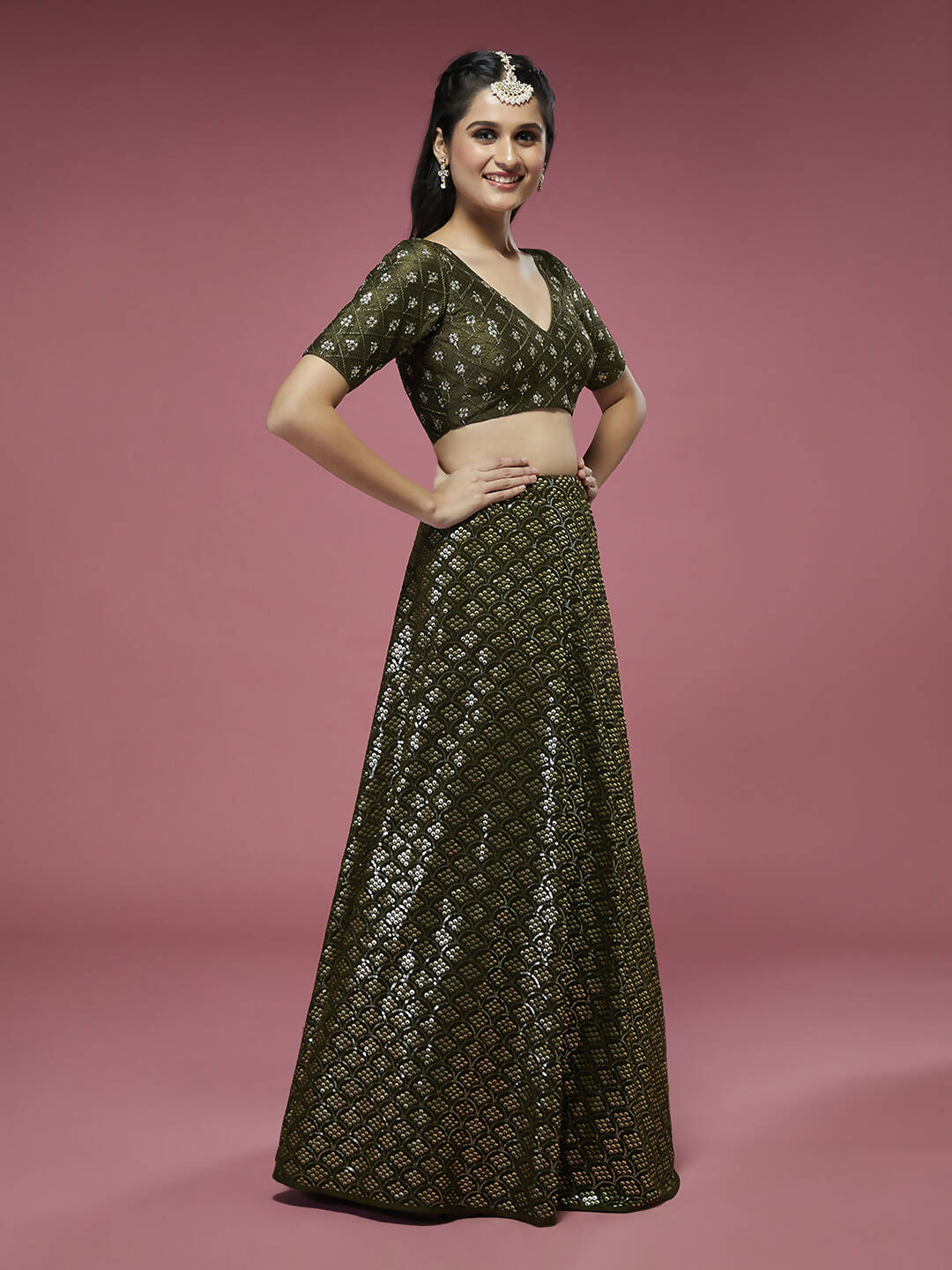 House of Panchhi Olive Georgette Sequinse Embroidered Lehenga & Blouse with Dupatta - Distacart