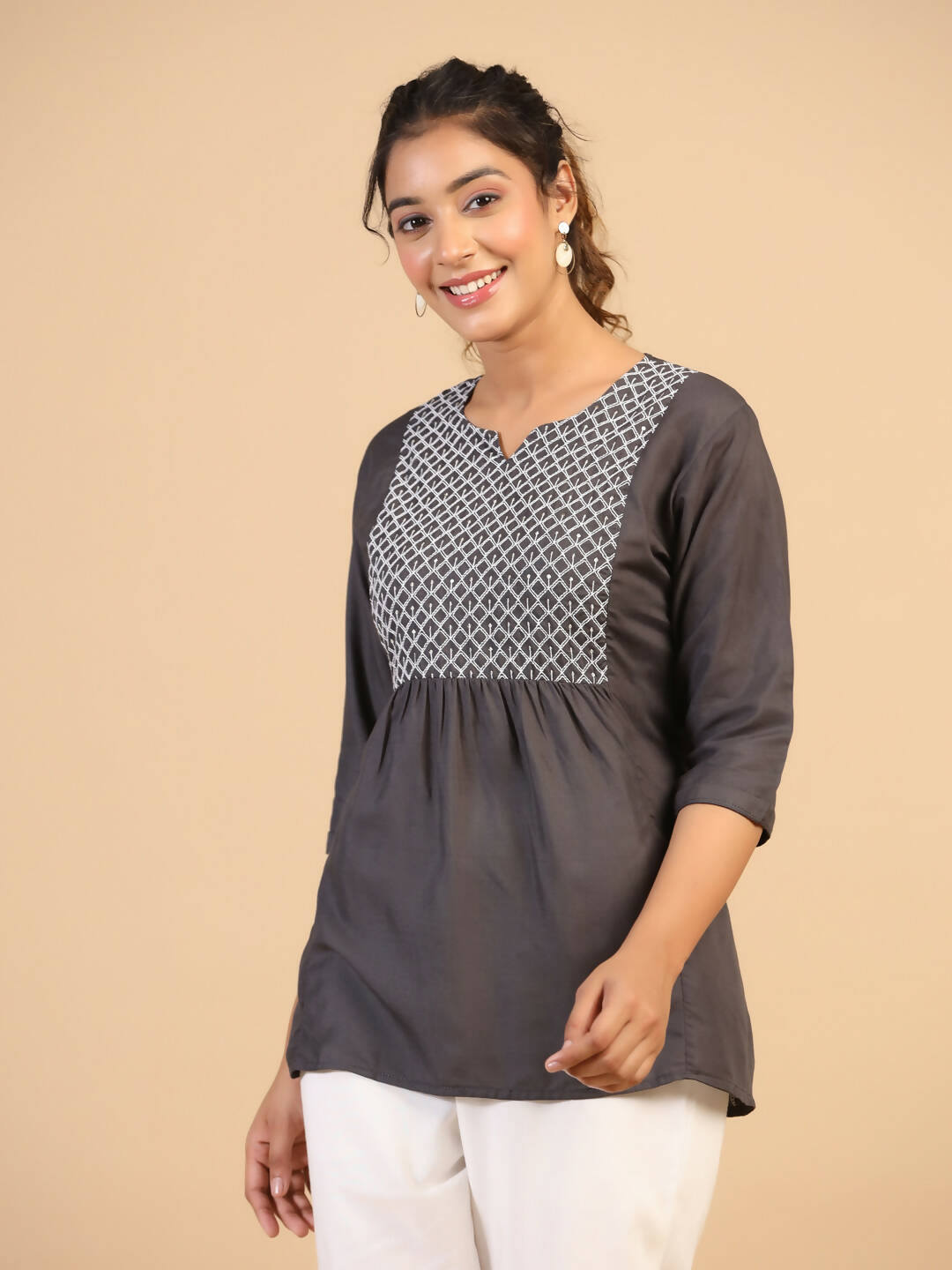 Womens Grey Rayon Yoke Embroidered Top - Keeva - Distacart