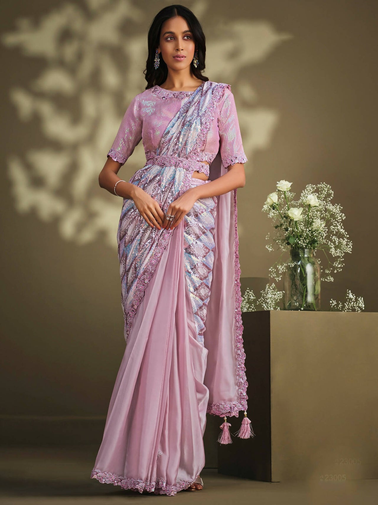 Light Pink Crepe Satin Silk Sequence Embroidered Saree With Stitched Blouse - Mohmanthan La Belle - Distacart