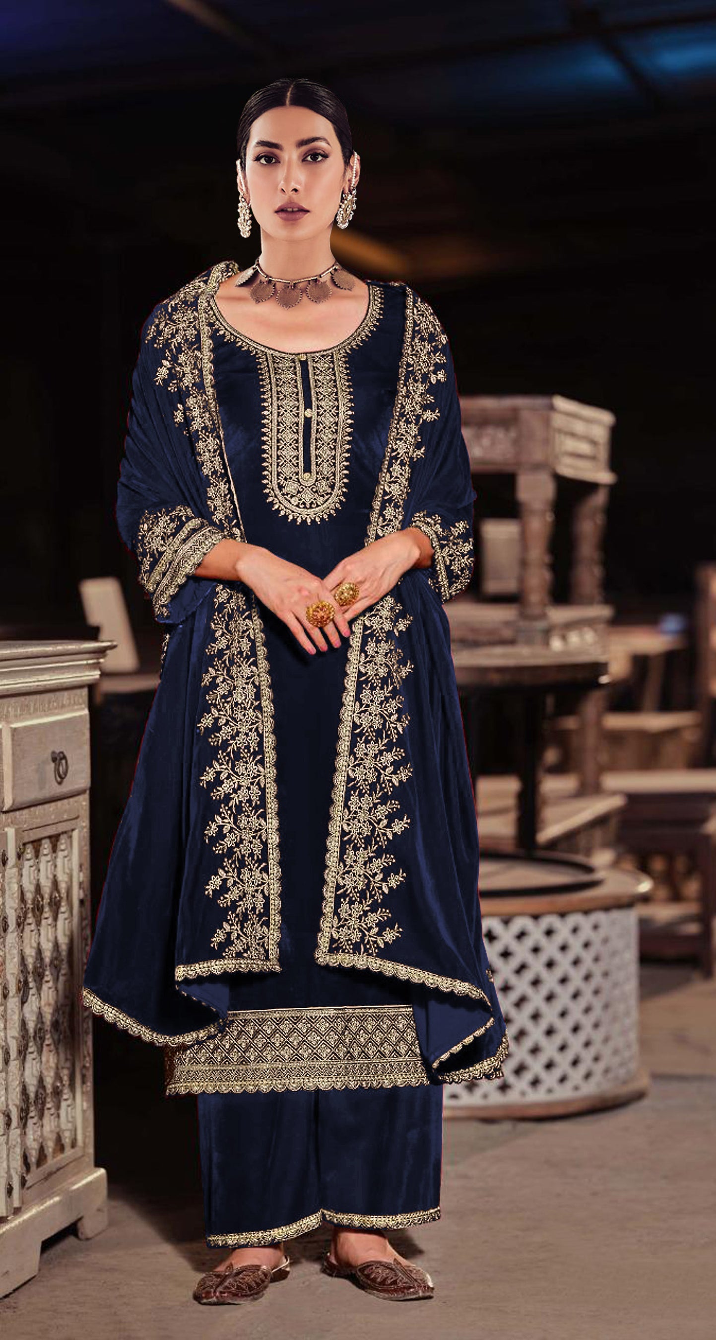 Lorenvalley Fashion Women Blue Velvet Embroidered Salwar Suit Material - Distacart