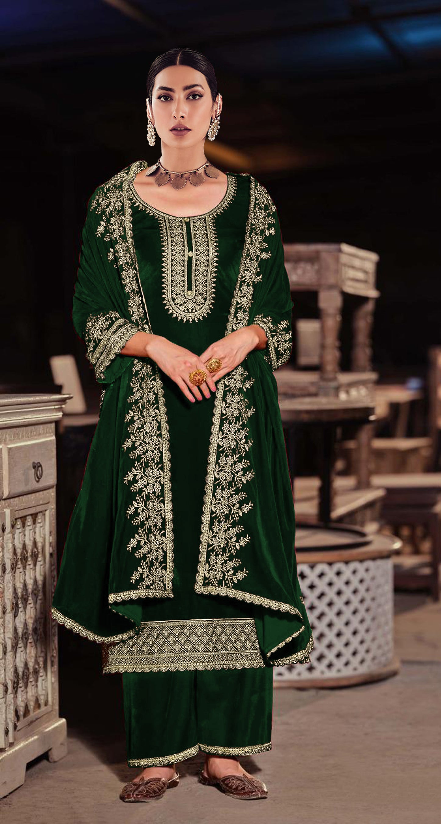Lorenvalley Fashion Women Green Velvet Embroidered Salwar Suit Material - Distacart