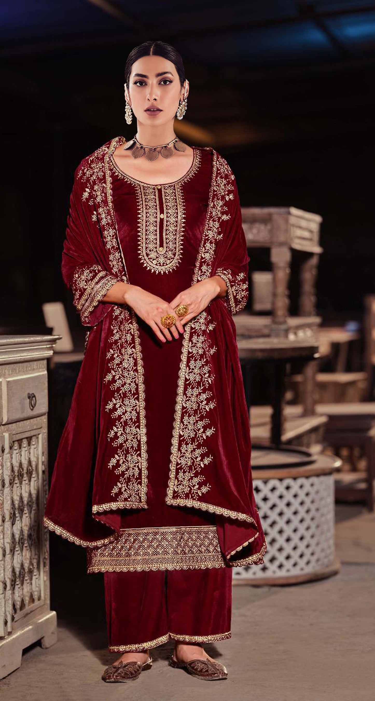 Lorenvalley Fashion Women Maroon Velvet Embroidered Salwar Suit Material - Distacart