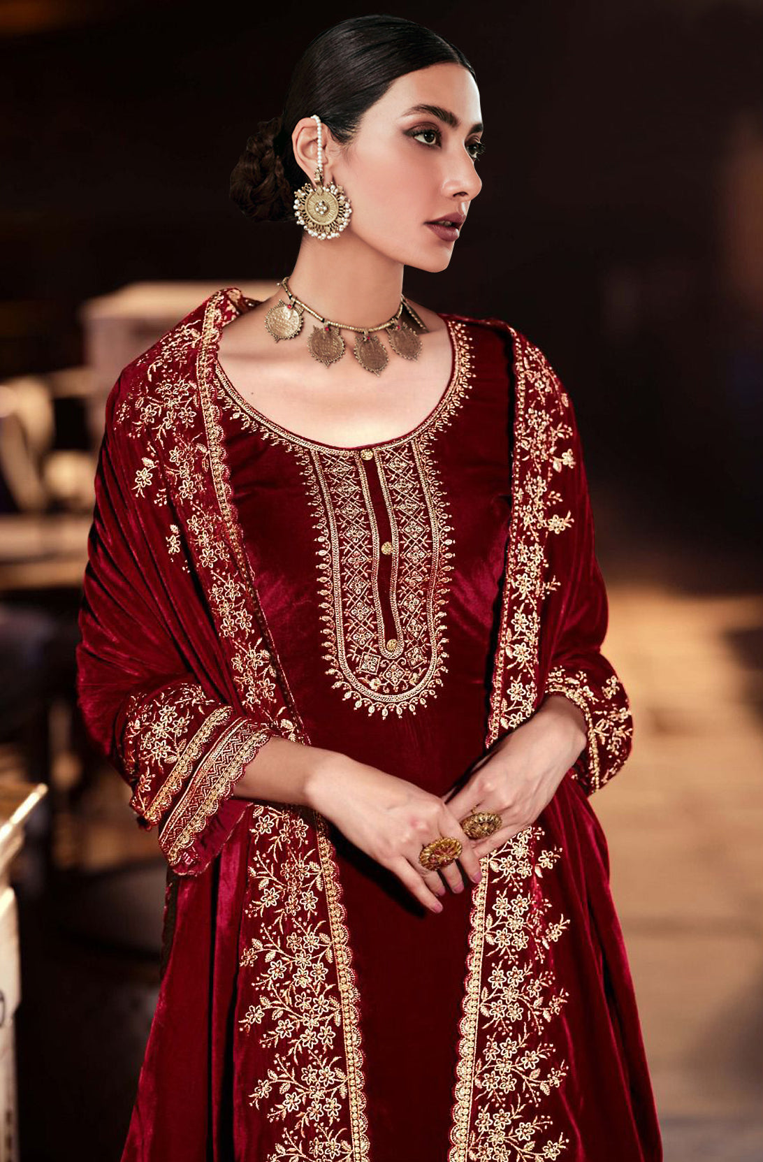 Lorenvalley Fashion Women Maroon Velvet Embroidered Salwar Suit Material - Distacart