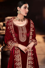 Thumbnail for Lorenvalley Fashion Women Maroon Velvet Embroidered Salwar Suit Material - Distacart