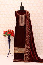 Thumbnail for Lorenvalley Fashion Women Maroon Velvet Embroidered Salwar Suit Material - Distacart