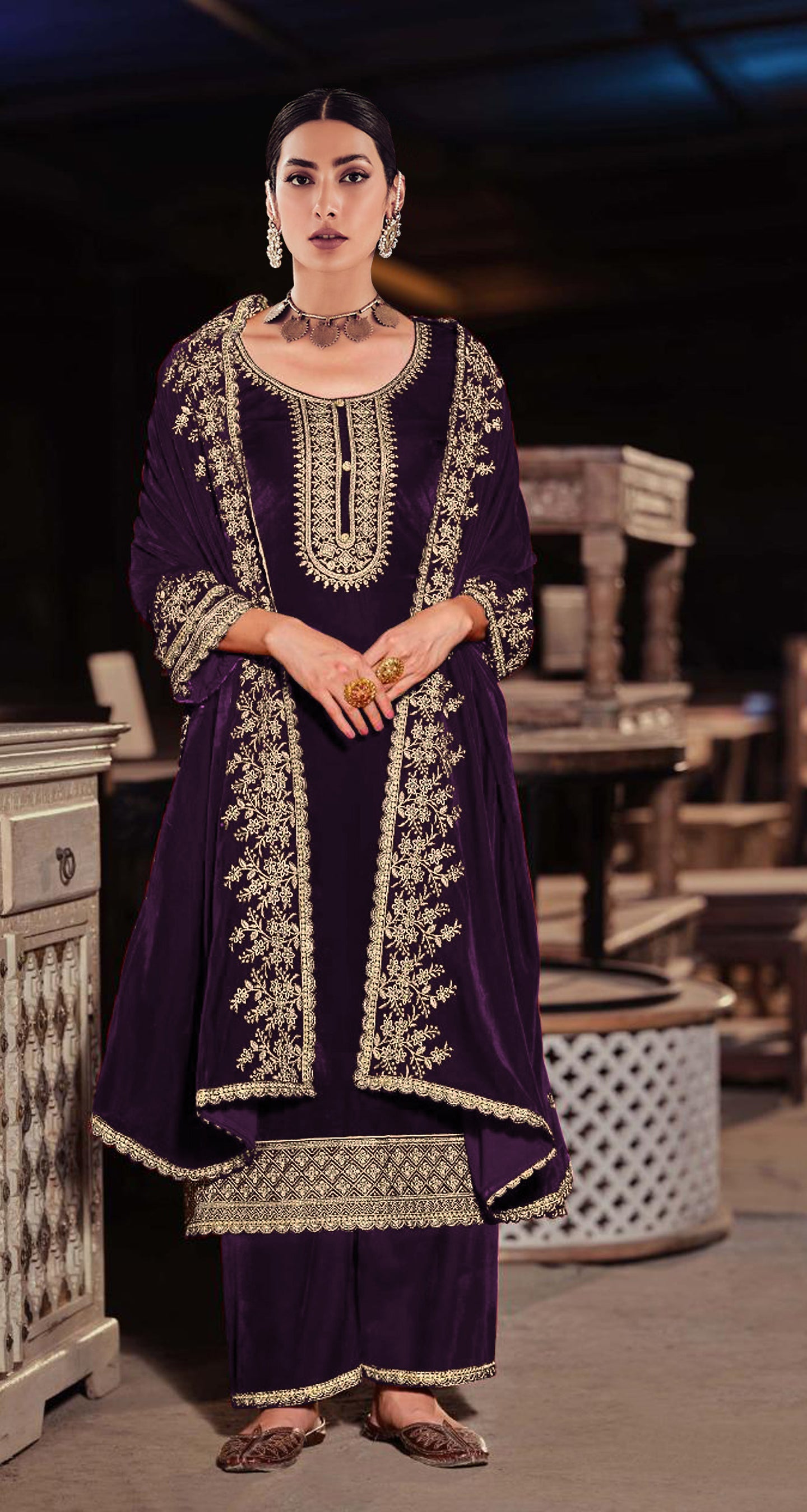 Lorenvalley Fashion Women Purple Velvet Embroidered Salwar Suit Material - Distacart