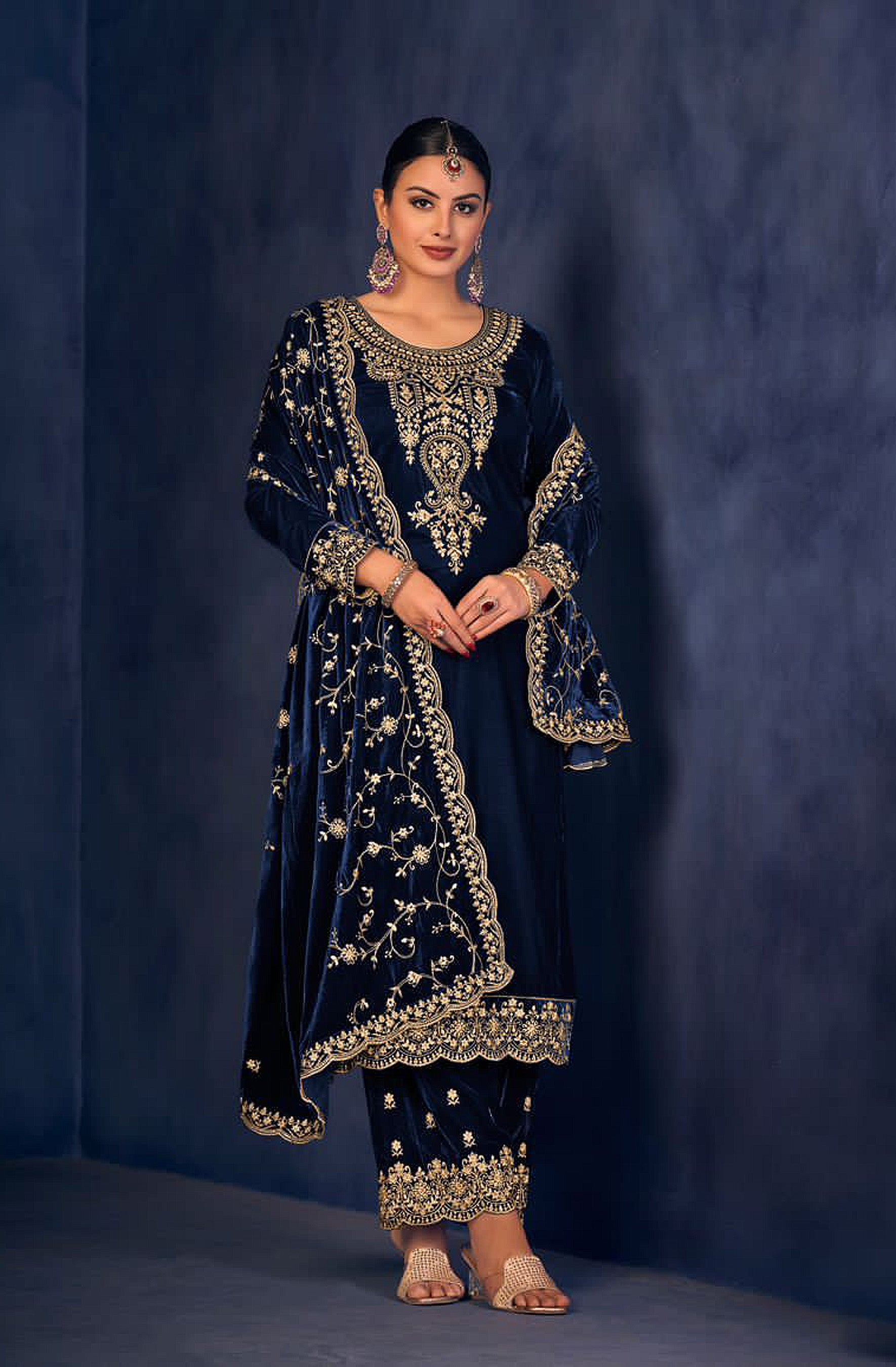 Lorenvalley Fashion Women Blue Velvet Embroidered Salwar Suit Material - Distacart