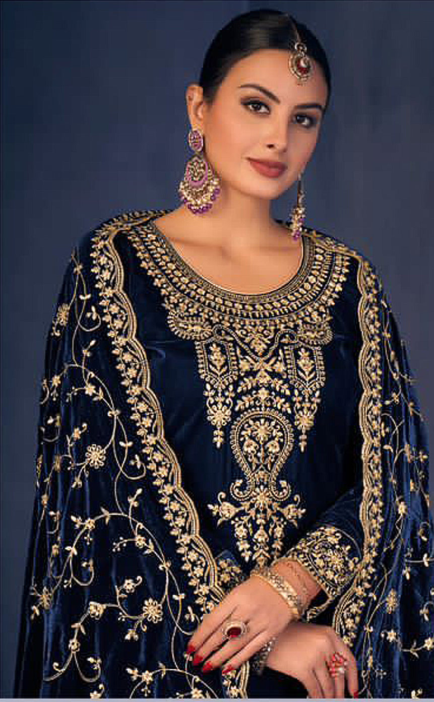 Lorenvalley Fashion Women Blue Velvet Embroidered Salwar Suit Material - Distacart