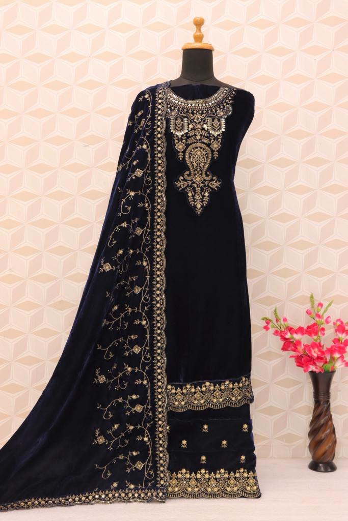 Lorenvalley Fashion Women Blue Velvet Embroidered Salwar Suit Material - Distacart