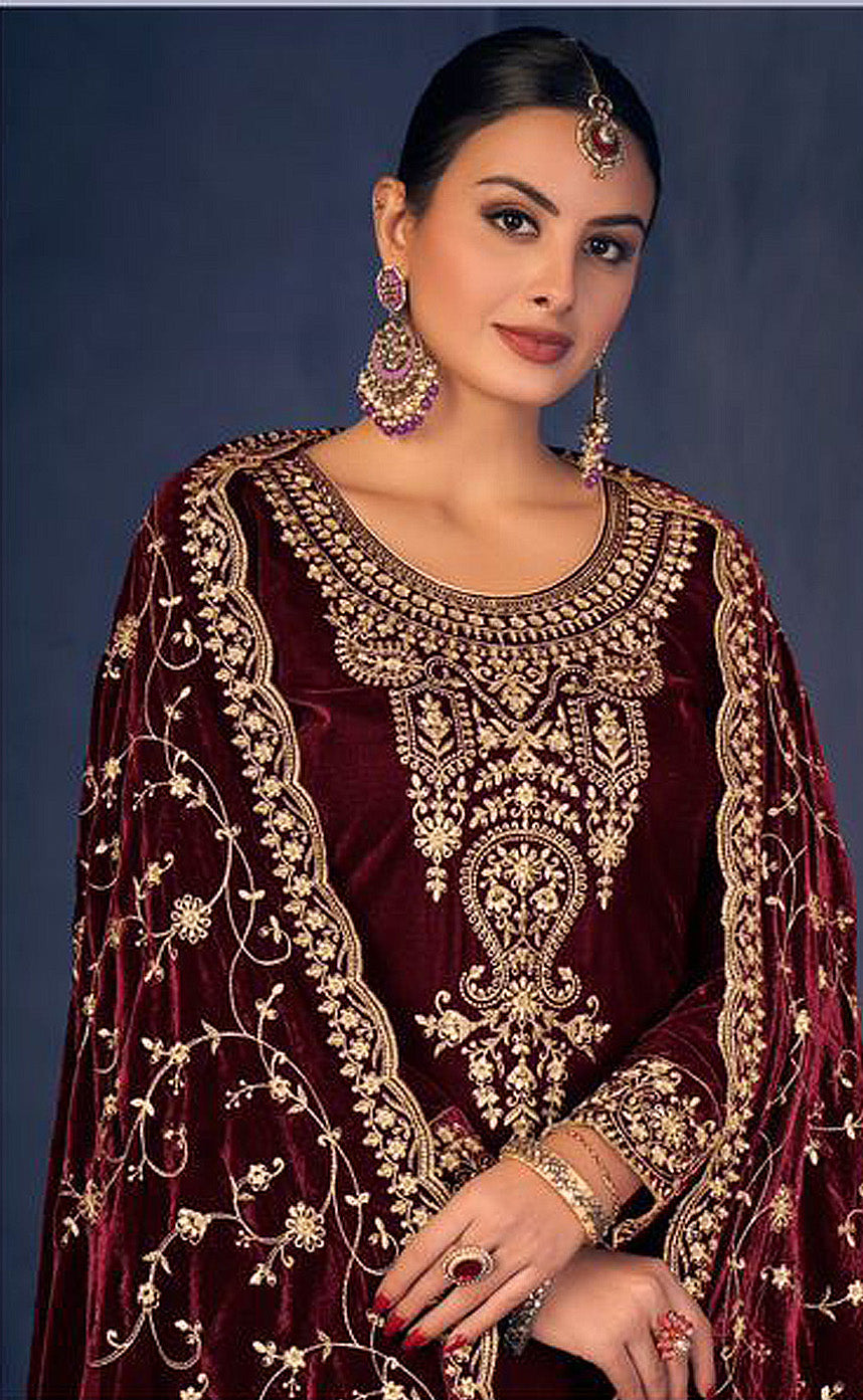 Lorenvalley Fashion Women Maroon Velvet Embroidered Salwar Suit Material - Distacart