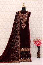 Thumbnail for Lorenvalley Fashion Women Maroon Velvet Embroidered Salwar Suit Material - Distacart