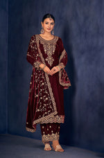 Thumbnail for Lorenvalley Fashion Women Maroon Velvet Embroidered Salwar Suit Material - Distacart