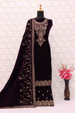 Thumbnail for Lorenvalley Fashion Women Purple Velvet Embroidered Salwar Suit Material - Distacart