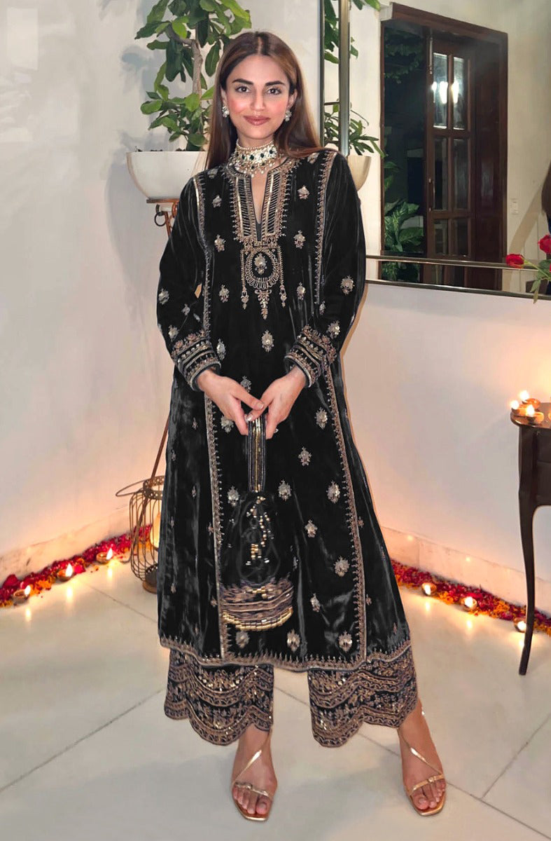 Lorenvalley Fashion Women Black Velvet Embroidered Salwar Suit Material - Distacart