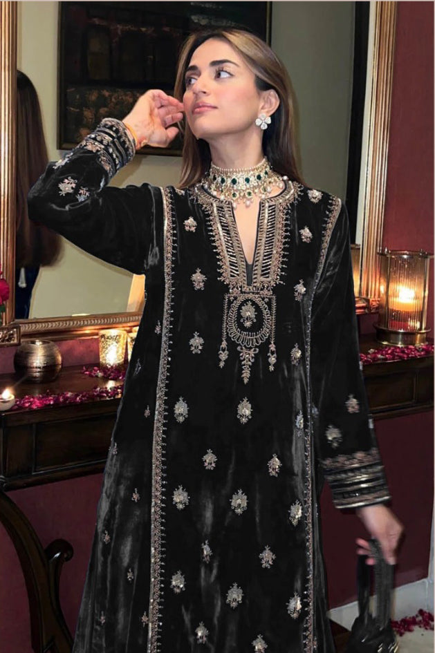 Lorenvalley Fashion Women Black Velvet Embroidered Salwar Suit Material - Distacart