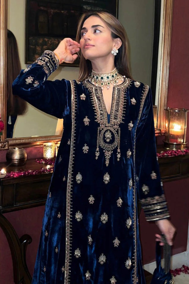Lorenvalley Fashion Women Blue Velvet Embroidered Salwar Suit Material - Distacart