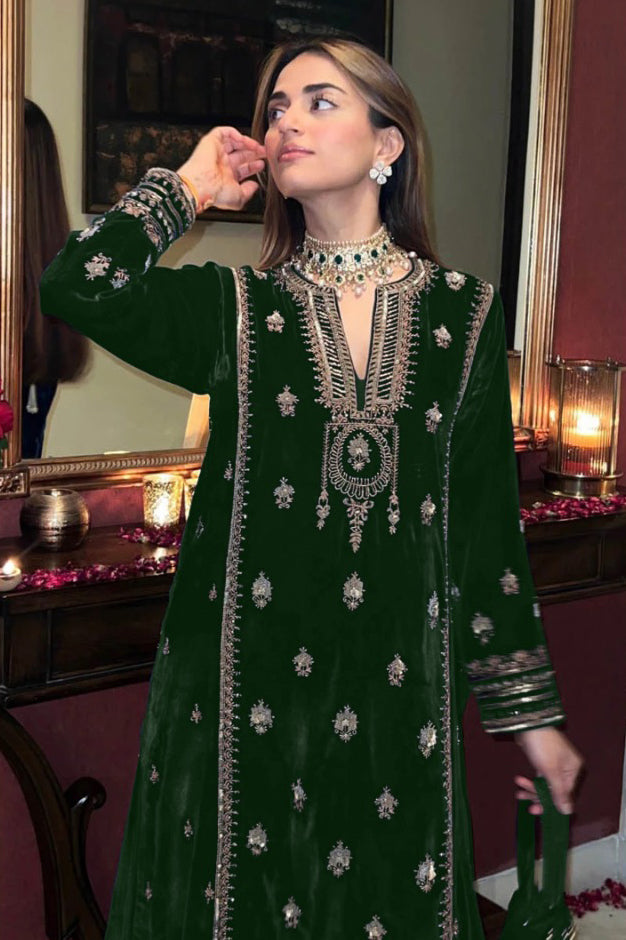 Lorenvalley Fashion Women Green Velvet Embroidered Salwar Suit Material - Distacart