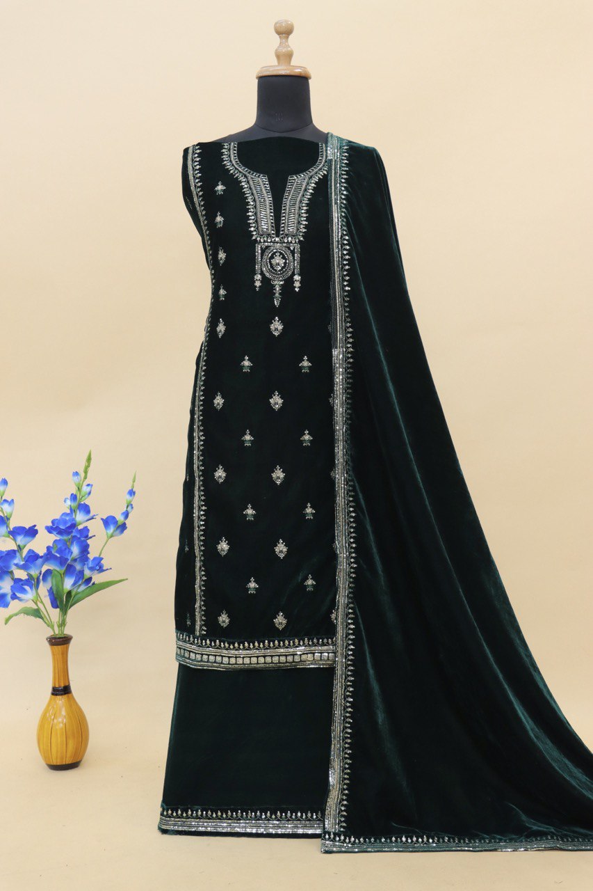 Lorenvalley Fashion Women Green Velvet Embroidered Salwar Suit Material - Distacart