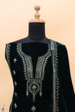 Thumbnail for Lorenvalley Fashion Women Green Velvet Embroidered Salwar Suit Material - Distacart