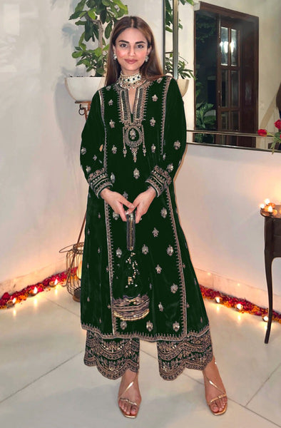 Lorenvalley Fashion Women Green Velvet Embroidered Salwar Suit Material - Distacart