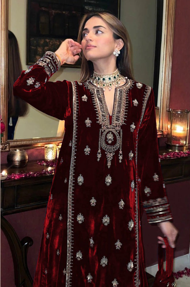 Lorenvalley Fashion Women Maroon Velvet Embroidered Salwar Suit Material - Distacart