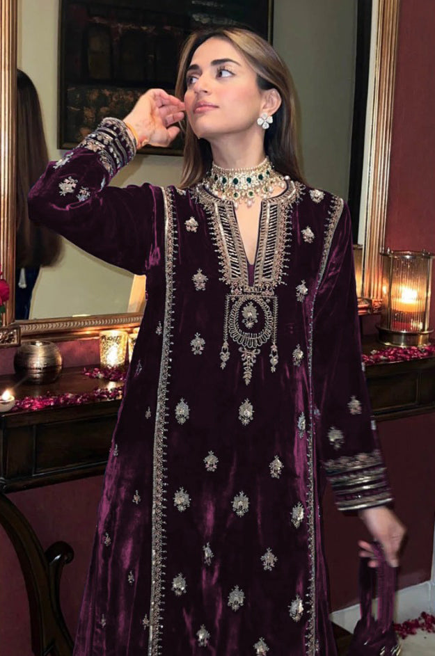 Lorenvalley Fashion Women Purple Velvet Embroidered Salwar Suit Material - Distacart
