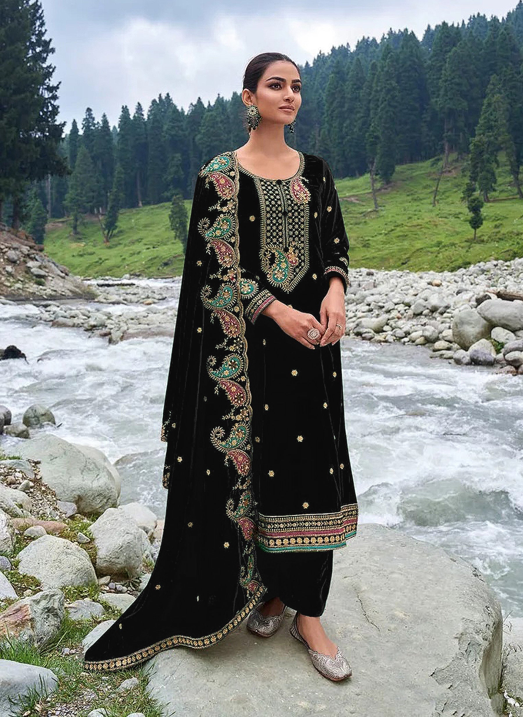 Lorenvalley Fashion Women Black Velvet Embroidered Salwar Suit Material - Distacart