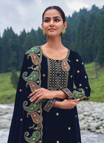 Thumbnail for Lorenvalley Fashion Women Blue Velvet Embroidered Salwar Suit Material - Distacart