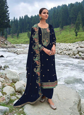 Lorenvalley Fashion Women Blue Velvet Embroidered Salwar Suit Material - Distacart
