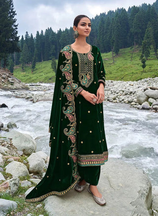 Lorenvalley Fashion Women Green Velvet Embroidered Salwar Suit Material - Distacart