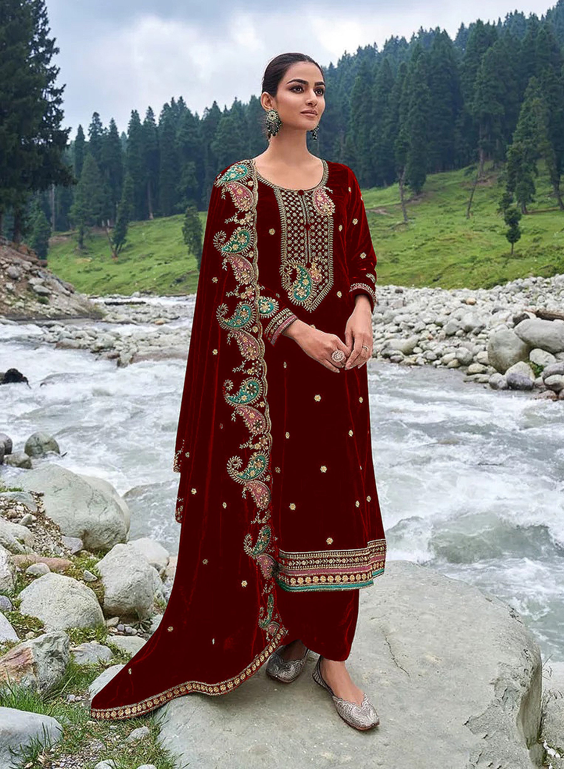 Lorenvalley Fashion Women Maroon Velvet Embroidered Salwar Suit Material - Distacart