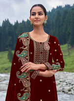 Thumbnail for Lorenvalley Fashion Women Maroon Velvet Embroidered Salwar Suit Material - Distacart